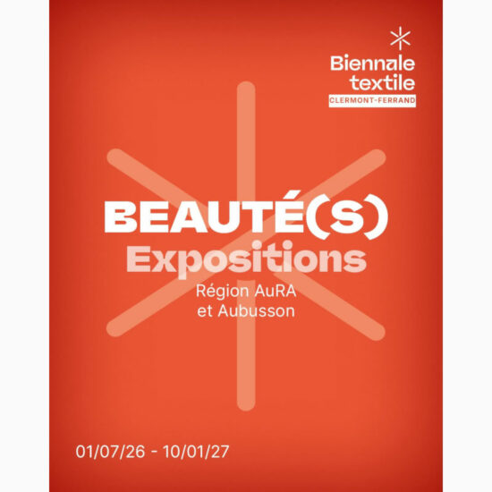 Poster for Beauté(s) Expositions by Biennale Textile, orange background with pale cross motif and white title text; dates 01/07/26–10/01/27 (Clermont-Ferrand).