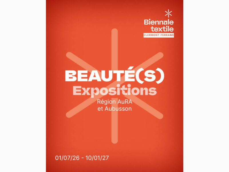 Poster for Beauté(s) Expositions by Biennale Textile, orange background with pale cross motif and white title text; dates 01/07/26–10/01/27 (Clermont-Ferrand).