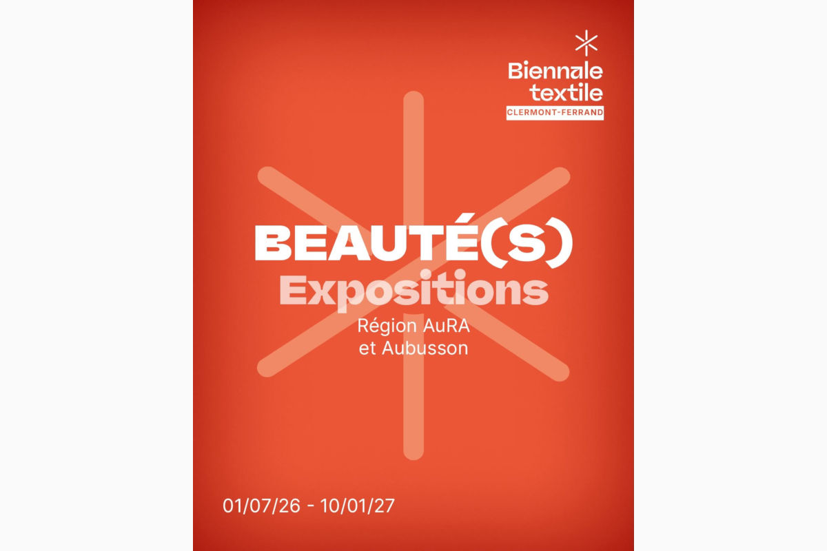 Poster for Beauté(s) Expositions by Biennale Textile, orange background with pale cross motif and white title text; dates 01/07/26–10/01/27 (Clermont-Ferrand).