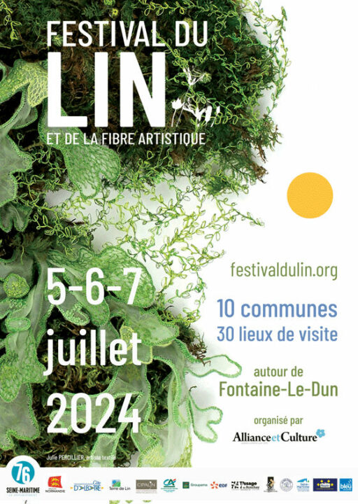 Festival du Lin 2024 poster with a green mossy background; dates 5–7 July, around Fontaine-Le-Dun, festivaldulin.org, 10 communes, 30 sites de visite.