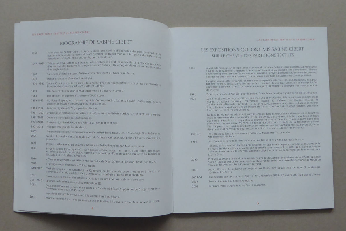 Sabine Cibert Partitions textiles publication Universite Jean-Moulin Lyon3 pages 4et 5 Open book with two pages of French text: biography of Sabine Cibert on the left and exhibitions on the right (spreads laid flat).