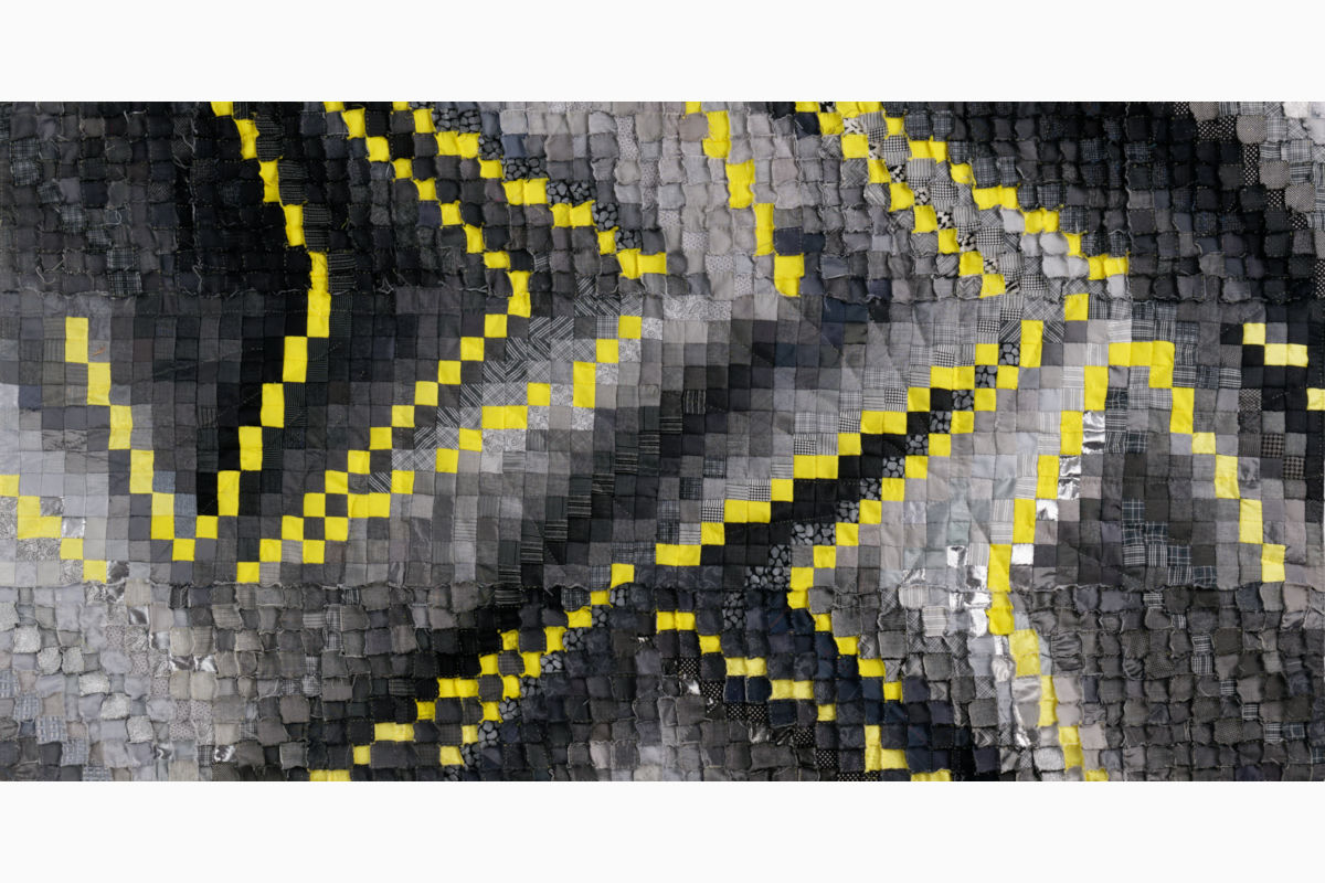 Sabine Cibert Sémagramme 218 ©Pascal Muradian Abstract grayscale mosaic with bright yellow zigzag lines across a patchwork grid.