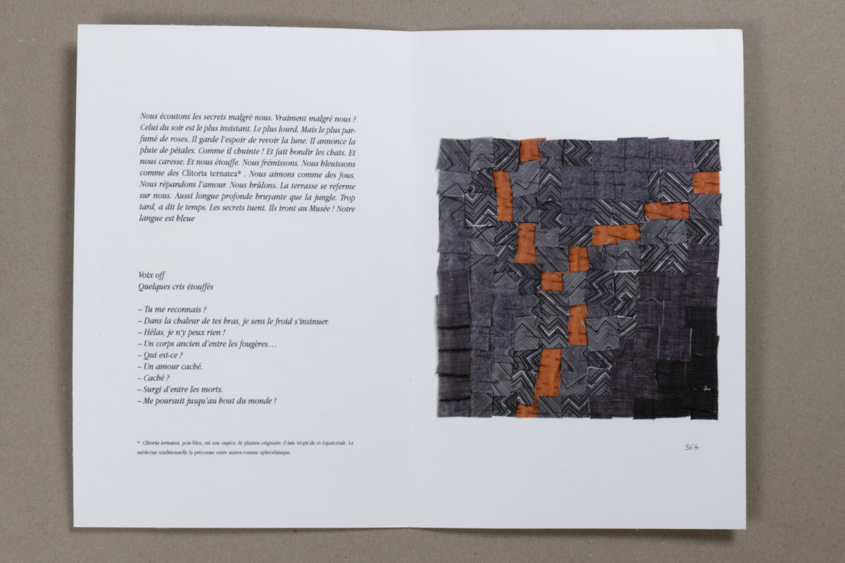 Sabine Cibert - Ectits : Publications - Poeme opéra - Chantal Danjou archétype Orages 363 Open book showing French text on left page and a dark grid-pattern fabric swatch pasted on the right page.